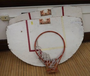 lot 113 image: 2  VINTAGE WOODEN BASKETBALL BACKBOARDS, RIMS AND NETS