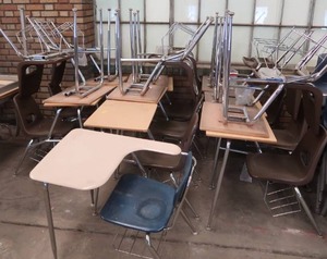 lot 131 image: 10 SCHOOL DESKS WITH BUILT IN CHAIRS