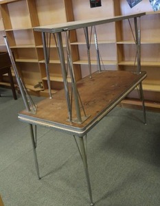 lot 169 image: 2 TABLES WITH METAL FRAME AND LAMINATE TOP AND 1 TRAPIZOID SHAPED TABLE