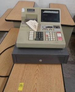 lot 185 image: 3 ADJUSTABLE TABLES AND A CASH REGISTER