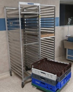 lot 235 image: 2 STAINLESS STEEL DRYING RACKS AND A ROLLING CART