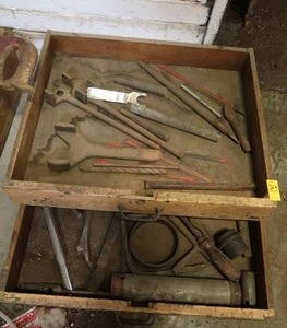 lot 264 image: 2 ANTIQUE WOOD DRAWERS WITH ANTIQUE TOOLS