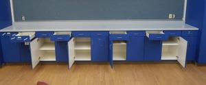 lot 300 image: LONG BLUE CABINET WITH COUNTER TOP