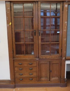 lot 310 image: ANTIQUE GLASS DOOR TO WOODEN CABINET