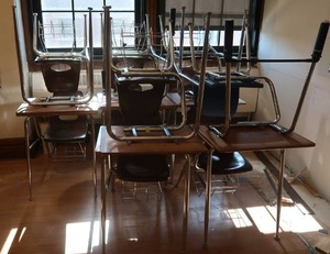 lot 323 image: 9 SCHOOL DESKS WITH BUILT IN CHAIRS
