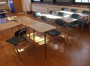 lot 339 image: 10 SCHOOL DESKS WITH BUILT IN CHAIRS