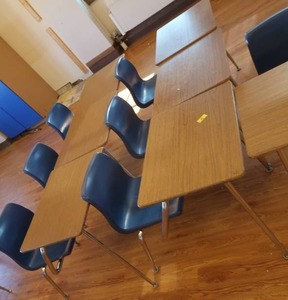 lot 340 image: 7 IDENTICAL SCHOOL DESKS WITH BUILT IN CHAIRS