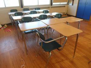 lot 341 image: 10 IDENTICAL SCHOOL DESKS WITH BUILT IN CHAIRS