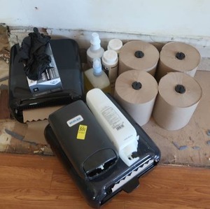 lot 351 image: 2 PAPER TOWEL DISPENSERS AND EXTRA PAPER TOWELS