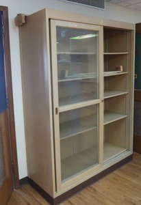 lot 365 image: WOODEN CABINET WITH GLASS SLIDING DOOR AND ANOTHER WOODEN CABINET