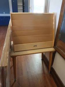 lot 392 image: WOODEN TABLE WITH WOODEN BOOK STORAGE, 3 BULLETIN BOARDS