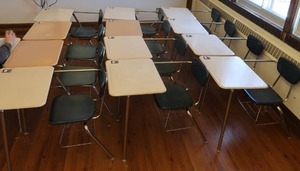 lot 396 image: 13 SCHOOL DESKS WITH BUILT IN CHAIRS