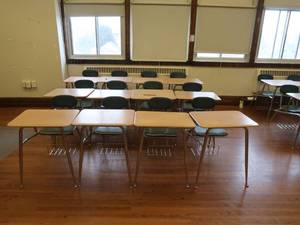 lot 415 image: 12 SCHOOL DESKS WITH BUILT IN CHAIRS