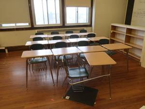 lot 416 image: 13 SCHOOL DESKS WITH BUILT IN CHAIR