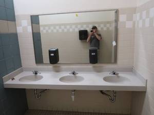 lot 436 image: TRIPLE SINK COUNTERTOP, MIRROR, AND 2 SOAP DISPENSERS