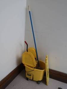 lot 345 image: CAUTION SIGN AND MOP BUCKET WITH MOP