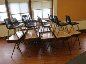 lot 451 image: 13 SCHOOL DESKS AND CHAIRS