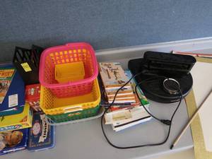 lot 454 image: NEATO ROBOTIC VACUUM WITH CHARGING DOCK, RANDOM SCHOOL SUPPLIES