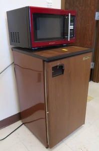 lot 481 image: ANTIQUE SOLID OAK TABLE, EMERSON MICROWAVE, GOLDSTAR MINIFRIDGE,