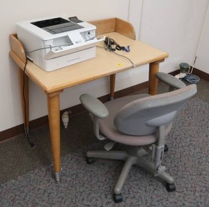 lot 483 image: WOODEN DESK, PRINTER, OFFICE CHAIR