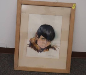 lot 486 image: 1945 ESKIMO BOY LAVONNE PALMER PAINTING