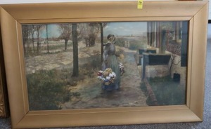 lot 530 image: ANTIQUE VINTAGE GEORGE HITCHCOCK ANTIQUE DUTCH FLOWER GIRL IN FRAME