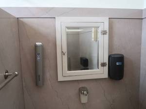 lot 543 image: 2 MIRRORS, SHELF, PAPER TOWEL DISPENSER, TOILET PAPER DISPENSER, SOAP DISPENSER