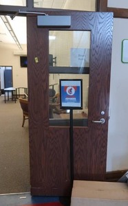 lot 545 image: 2 WOODEN HEAVY DUTY DOORS WITH BULLETPROOF GLASS