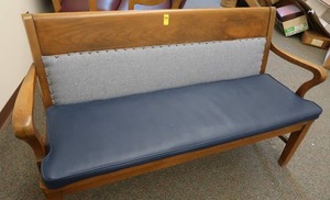 lot 549 image: VINTAGE WOODEN BENCH WITH BLUE CUSHION