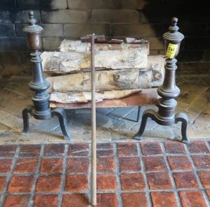 lot 565 image: ANTIQUE ANDIRONS AND POKER
