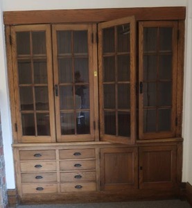 lot 566 image: 4 ANTIQUE GLASS PANE CABINET DOORS AND CABINET DRAWERS