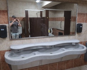 lot 621 image: MIRROR, AUTOMATIC SENSOR TRIPLE SINK, 2 DYSON AIRBLADE HAND DRYERS