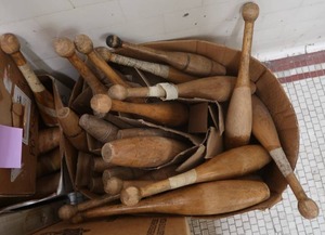 lot 636 image: RARE ANTIQUE  WOODEN BOWLING PINS AND MUCH MORE