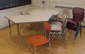 lot 661 image: 2 TABLES, 5 MATHCING CHAIRS, 4 DIFFERENT MATCHING CHAIRS
