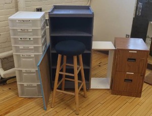 lot 665 image: WOODEN SHELF ON WHEELS, WOODEN FILING CABINET, STOOL