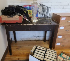 lot 667 image: WOODEN TABLE, WOODEN FILING CABINET, LAMP, BOOKS