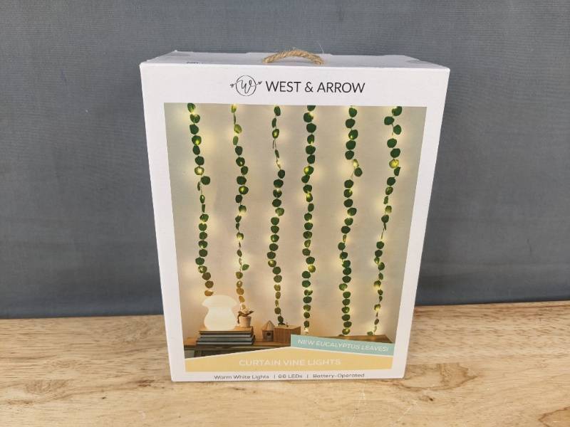 lot 68P image: West & Arrow Eucalyptus Curtain Vine Lights - 66 LEDs, 6 Strands, Battery-Operated - Brand New
