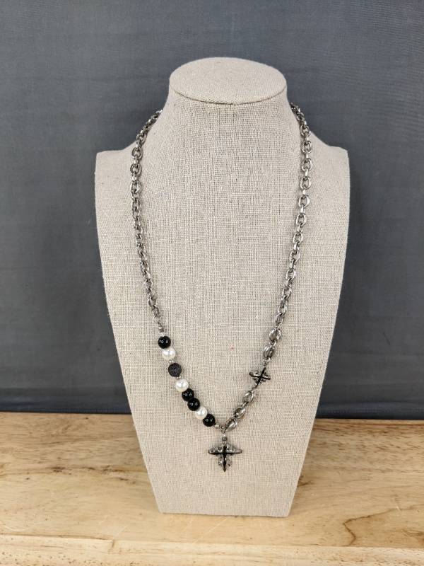 lot 269 image: KYHVOUX Stainless Steel Necklace with Cross and Bead Design, 20 Inch - Brand New