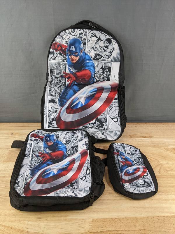 lot 40G image: Captain America Backpack, Lunch Bag, and Pencil Bag Set - Brand New