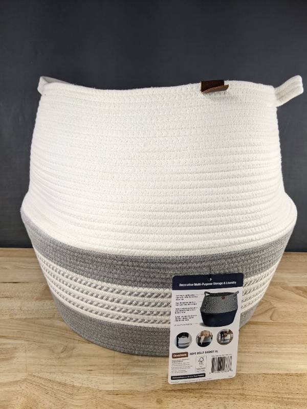 lot 117W image: CleverMade Rope Belly Basket XL Gray & White - Brand New