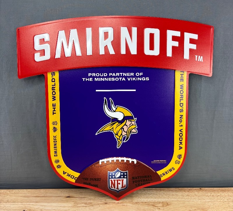 lot 22M image: Minnesota Vikings NFL Smirnoff Vodka Tin Tacker 23 Sign - Brand New
