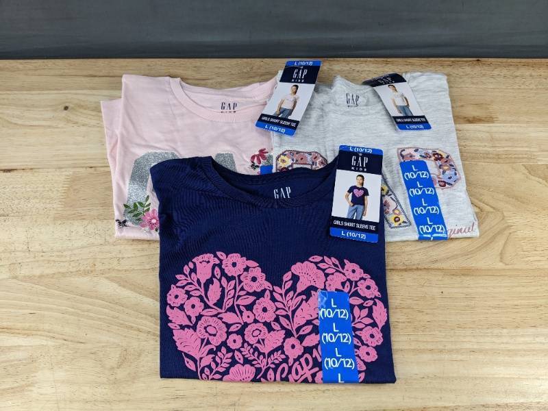 lot 345 image: 3 GAP Kids Girls Short Sleeve Tees Size L (1012) - Brand New