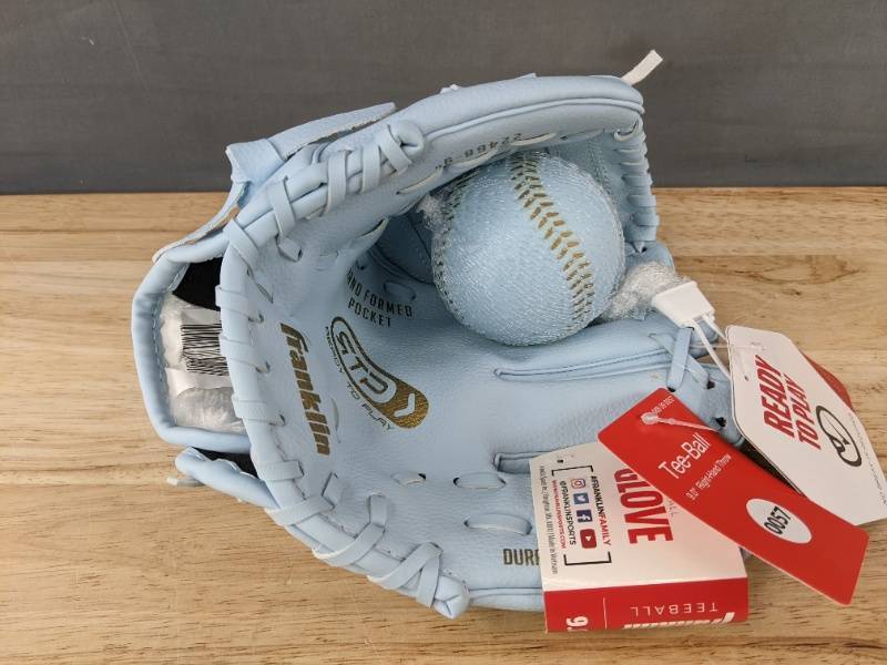lot 68Q image: Franklin Light Blue Tee-Ball Glove & Rubber Ball, 9 in Right-Hand Throw - Brand New