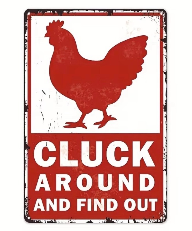 lot 120P image: Cluck Around and Find Out Rooster 8 x 12 Metal Sign - Brand New