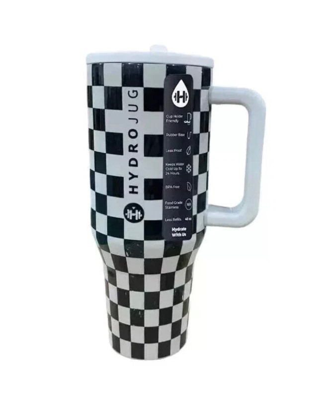 lot 4A image: HYDROJUG 32oz Black White Gingham Checkered Traveler Stainless Steel Tumbler - Brand New