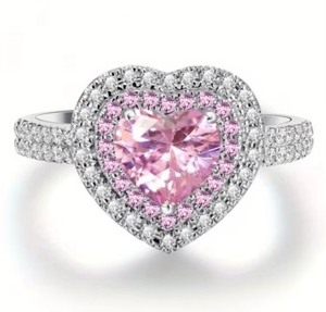lot 83J image: Moissanite Silver Plated Pink Heart Elegant Ring, Size 7.5 - Brand New