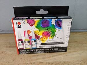 lot 412 image: Marabu Alcohol Ink Kit - 3 Ink Bottles & Permanent Marker & Special Paper - Brand New P