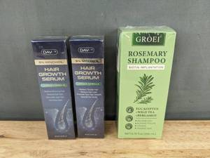 lot 215 image: 2 DAWN Hair Growth Serum 60 ml & GROEI Rosemary Shampoo 200 ml - Brand New