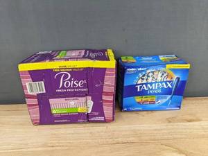 lot 168 image: 126 Poise Daily Liners & 45 Tampax Pearl Tampons - Brand New