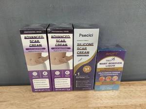 lot 218 image: AHUI Wart Remover Liquid 1 oz & Pseci Silicone Scar Cream 1.7 oz & 2 Advanced Scar Cream 1.7 oz - Brand New